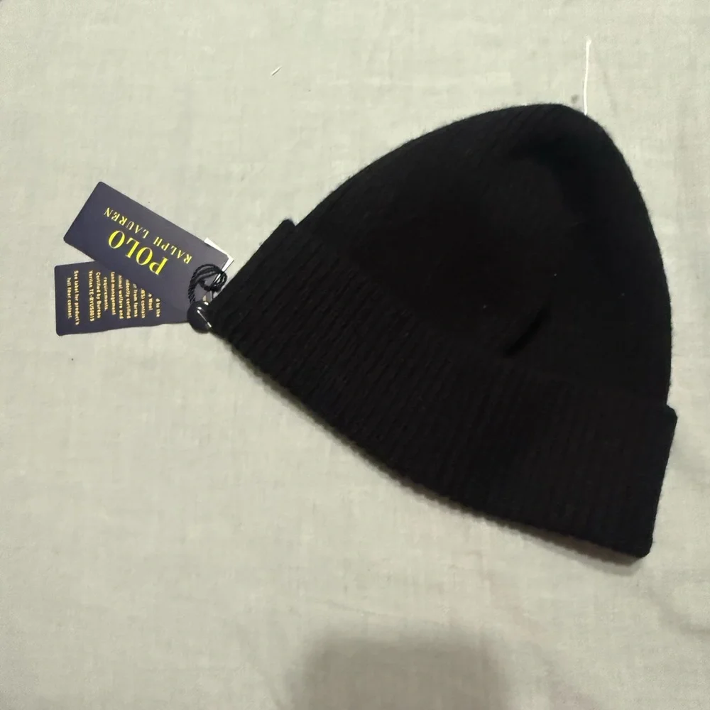 Ralph Lauren Black Cuffed Beanie with Gold Pony Emblem